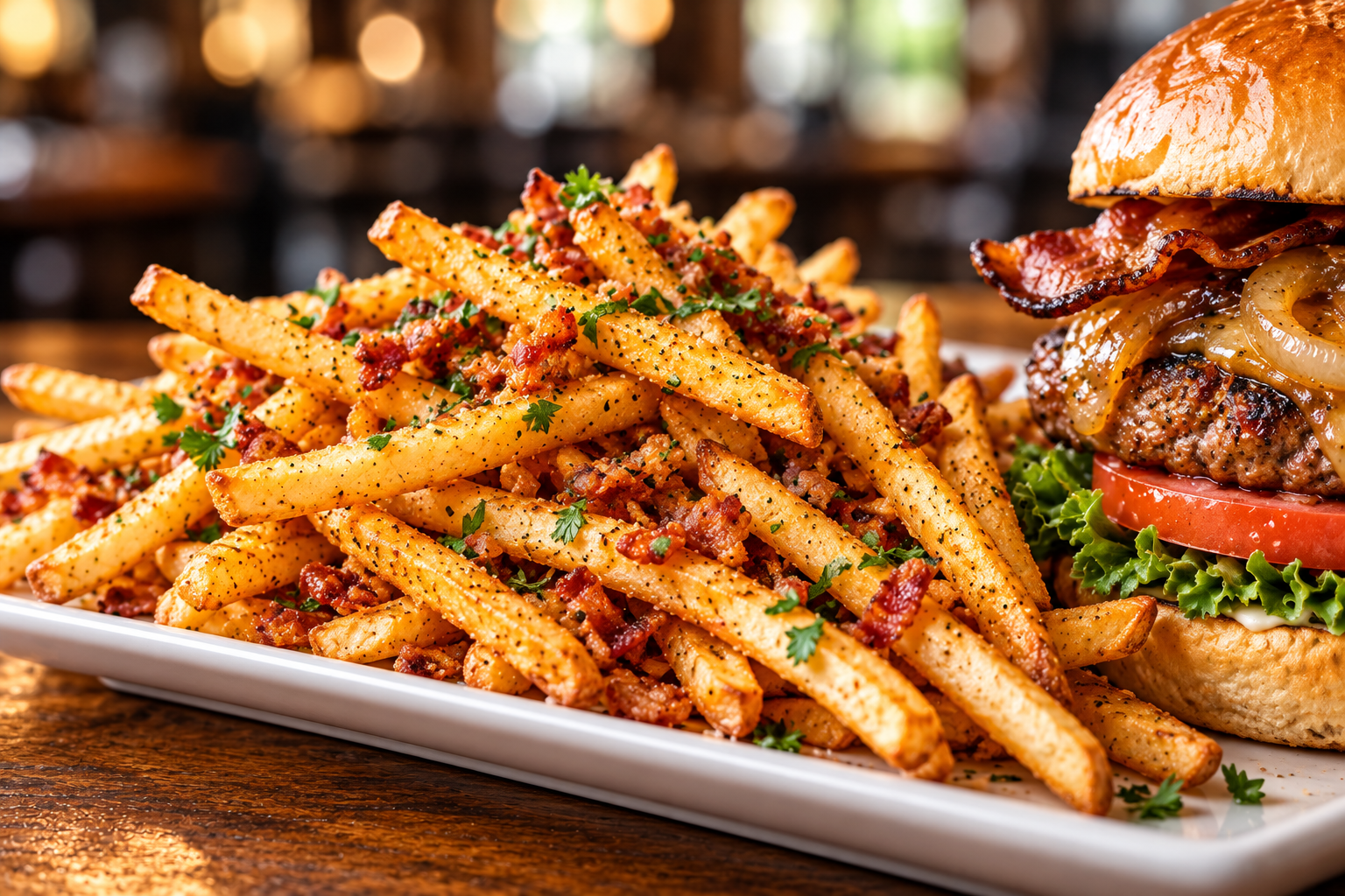 A bowl of bacon-and-parsley shareable fries.